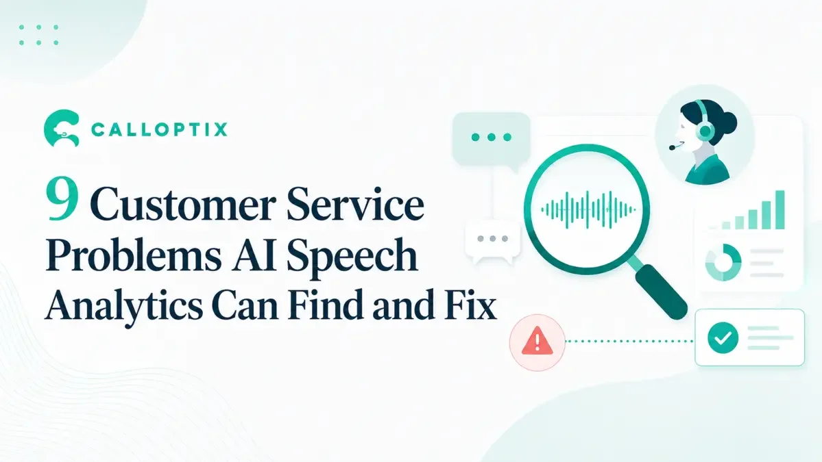 Support agent and speech waveform under a magnifying glass beside service-performance charts and issue alerts.