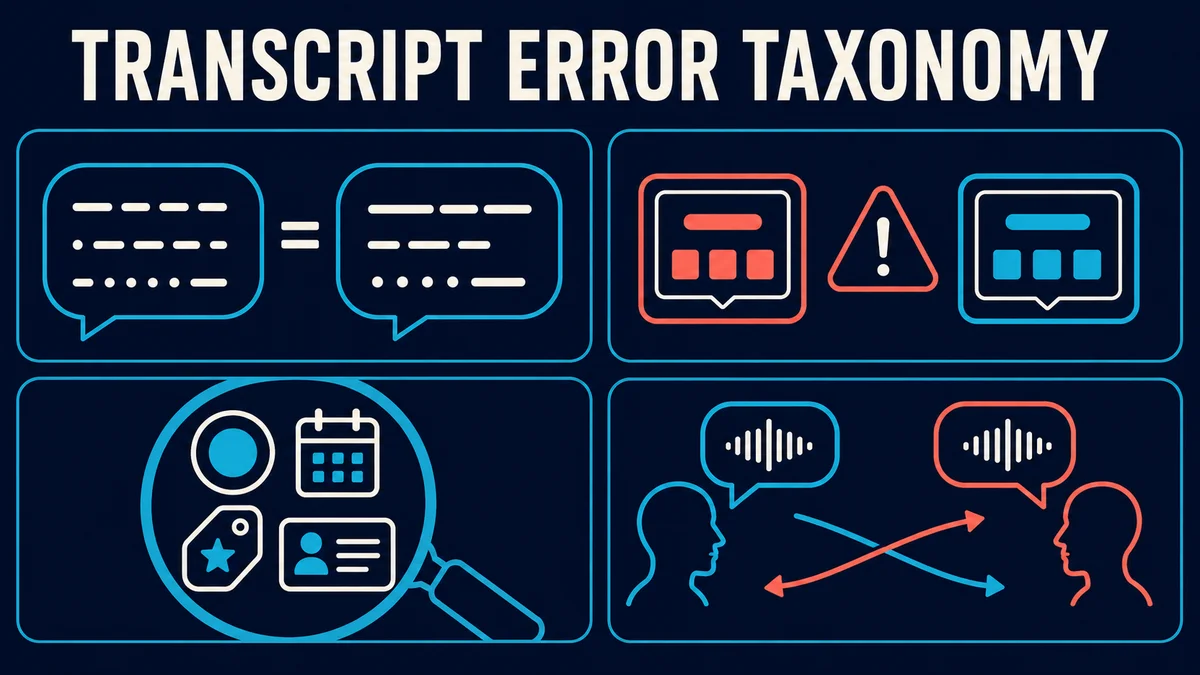 Four transcript-error classes: script mismatch, meaning error, critical entity error and speaker swap.