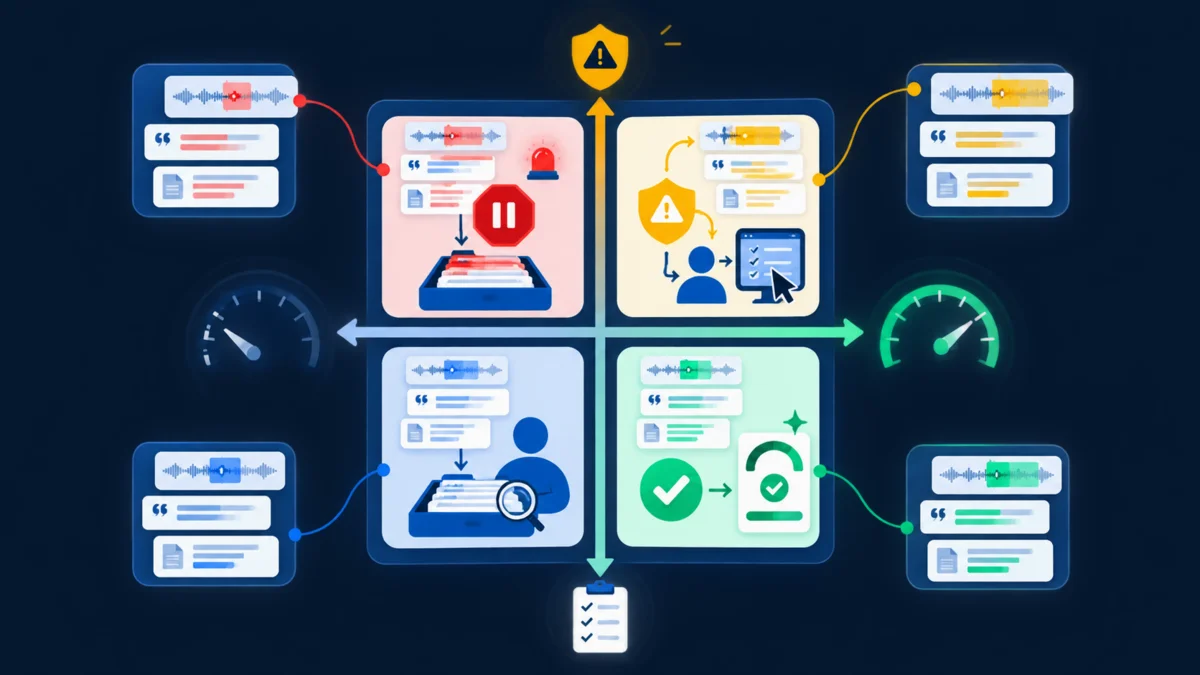 Matrix routing call scores by confidence and consequence to automation or human review.