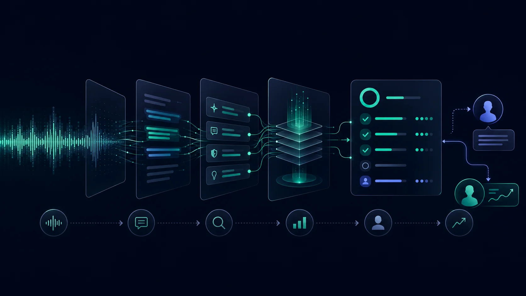 AI call scoring workflow converting a phone conversation into transcript evidence, a weighted scorecard, human review and coaching
