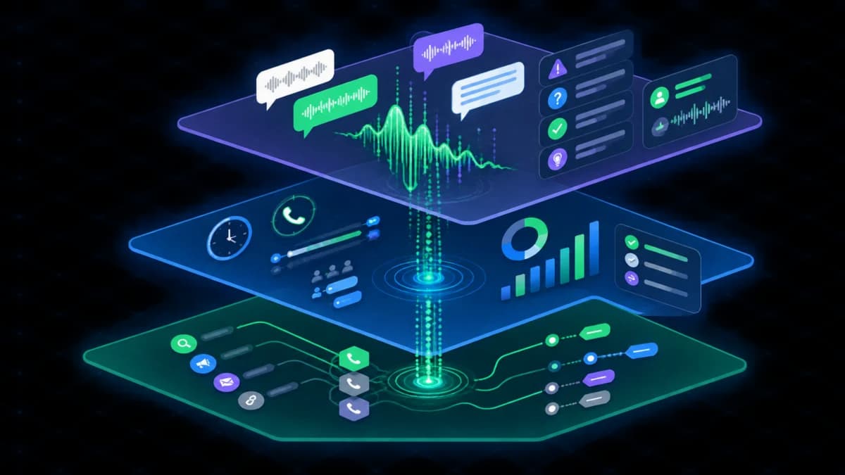 Three stacked layers showing call source, operational metrics and conversation meaning.