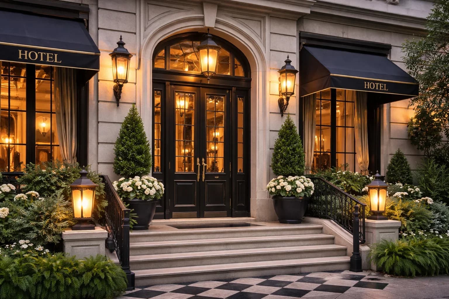 Warmly lit boutique hotel entrance with black awnings, lanterns, and flower planters.