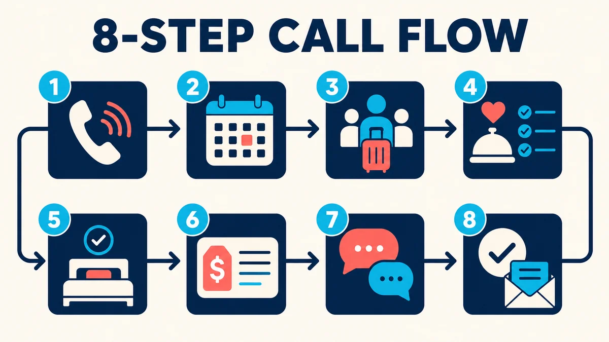 Eight-step hotel reservation call flow from greeting and discovery to confirmation and follow-up.