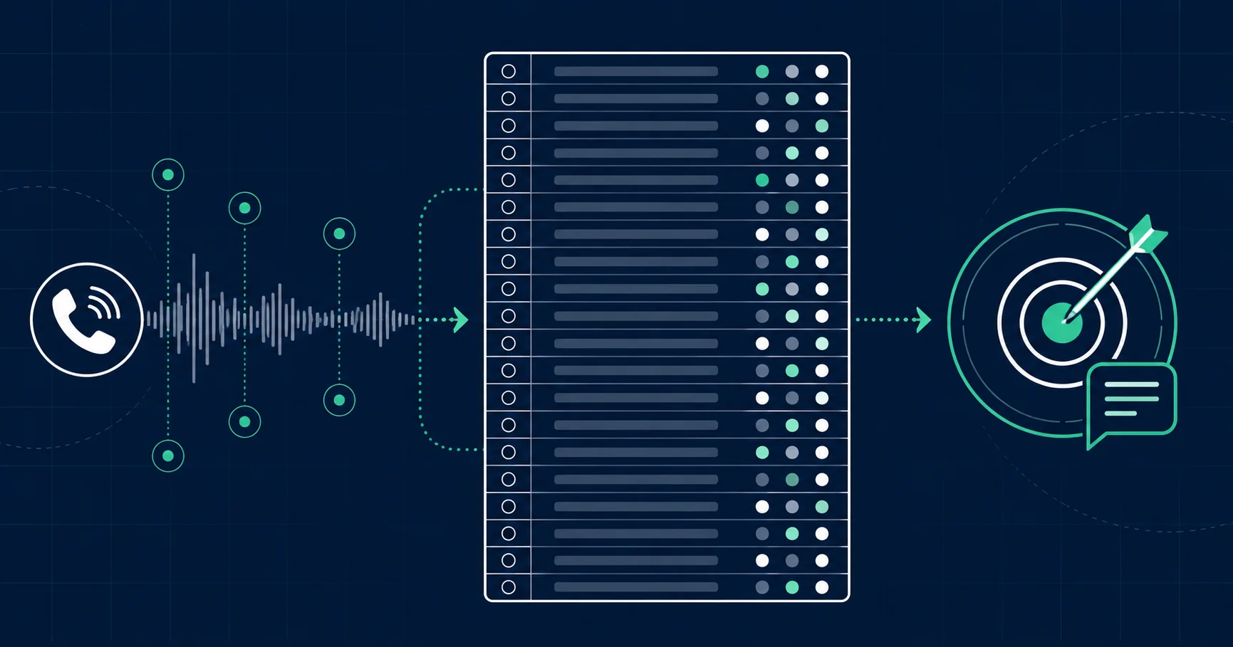 Sales call waveform flowing into a 20-row scorecard and a coaching target.